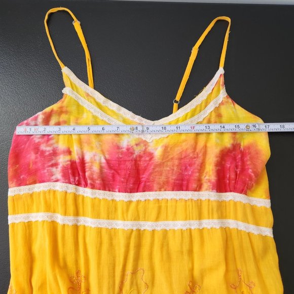 Y2K California Breeze Tie Dye Maxi Dress Tiered Crochetβ Yellow Pink Medium - Picture 15 of 16